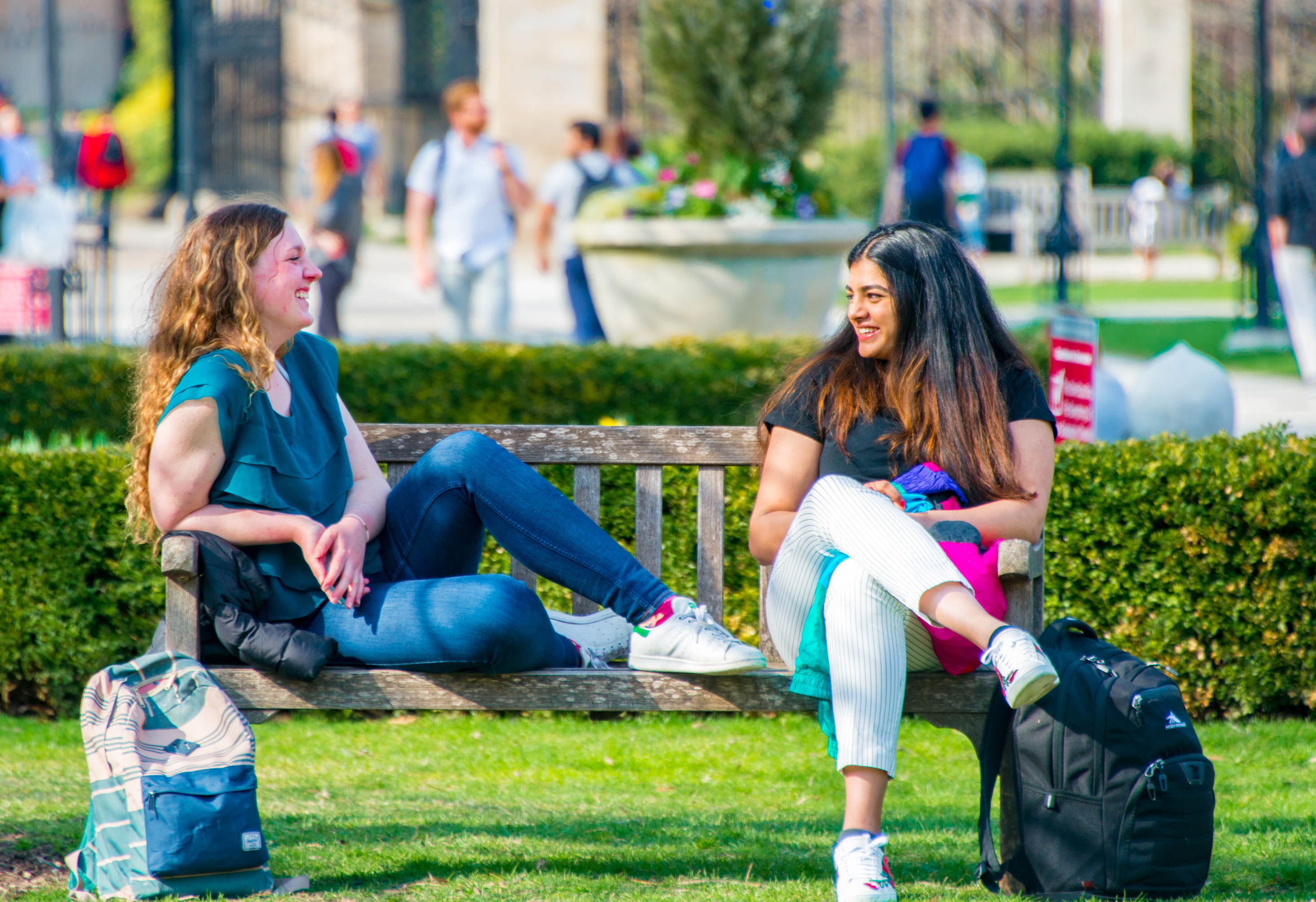 Photo of students talking on bench at UChicago's Hyde Park campus