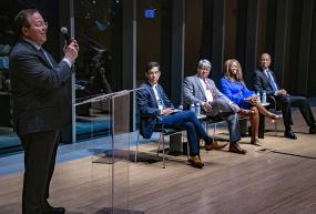 From left to right – Robert Pape at the podium, moderator Sam Levine, Gabe Sterling, LaTosha Brown, and Aaron Ford at Chicago Project on Security & Threats event