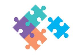 Purple, orange, blue and green puzzle pieces